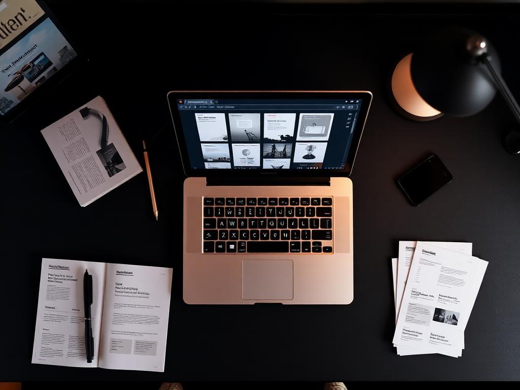 Design workstation with wireframes and typography specimens